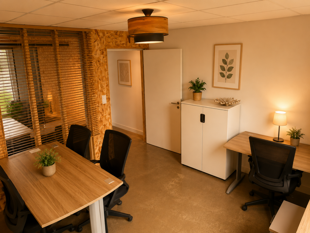 Bureau privatif dans un espace de coworking à Laillé, avec mobilier moderne, espace de réunion et ambiance chaleureuse près de Rennes.