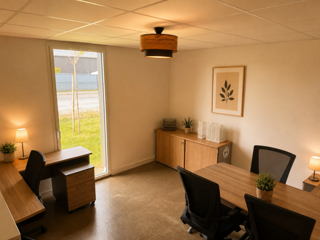 Bureau privatif dans un espace de coworking à Laillé, avec mobilier moderne, espace de réunion et ambiance chaleureuse près de Rennes.