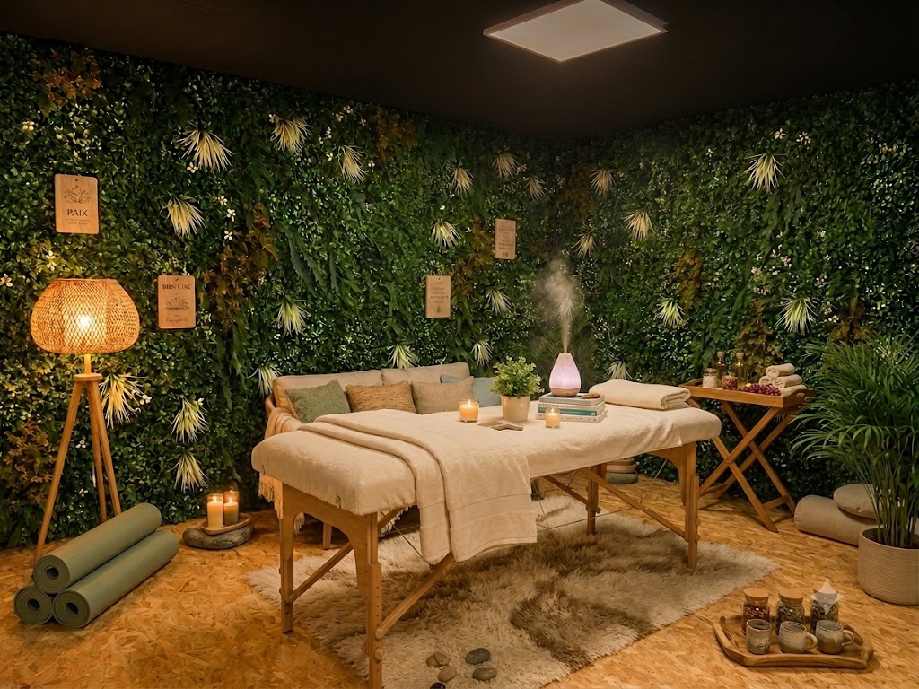 Location d'une salle de massage et de bien-être chaleureuse à Laillé, aménagée avec table de soin et ambiance zen pour thérapeutes et praticiens près de Rennes.